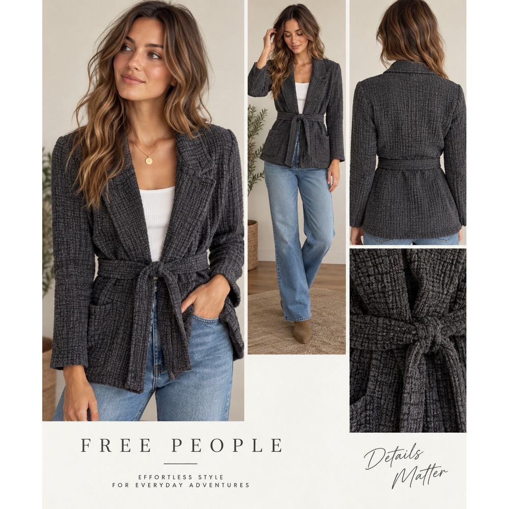 Free People Womens XS Charcoal Gray Textured Knit Belted Cardigan Jacket Sweater